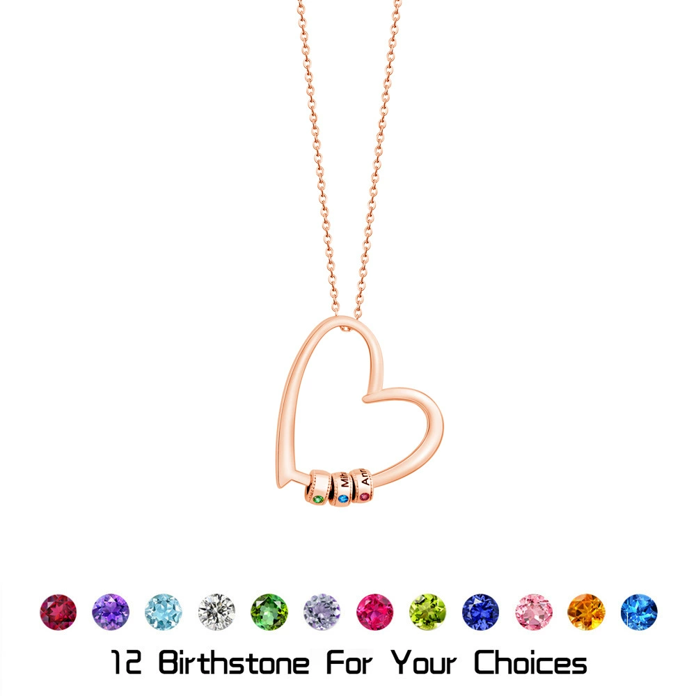 Rose gold tone gathered hearts necklace finish reference with sample names, stones, and bead count