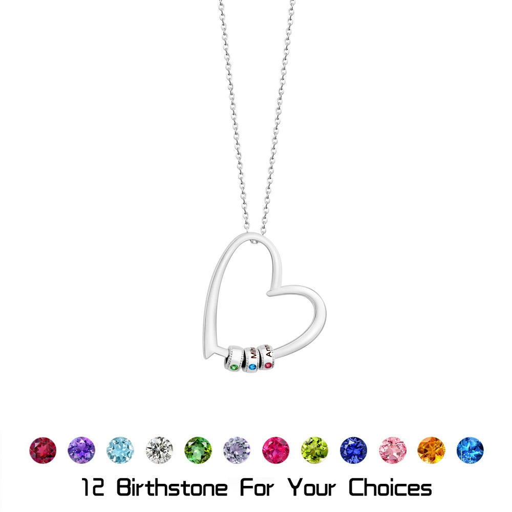 Stainless steel tone gathered hearts necklace finish reference with sample names, stones, and bead count