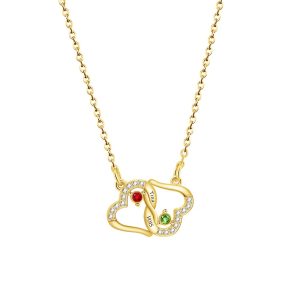 Two interlocking heart name necklace with a birthstone accent on a cross chain — Gold Tone