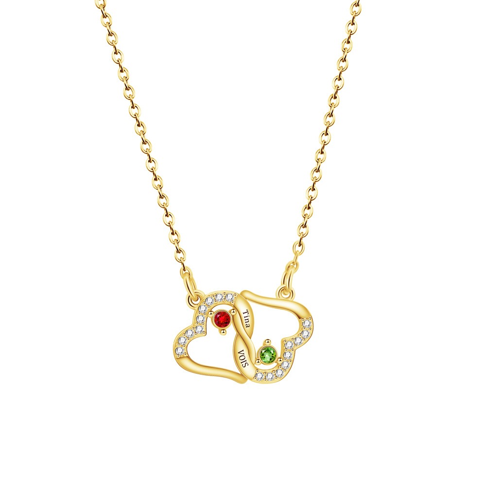 Two interlocking heart name necklace with a birthstone accent on a cross chain — Gold Tone