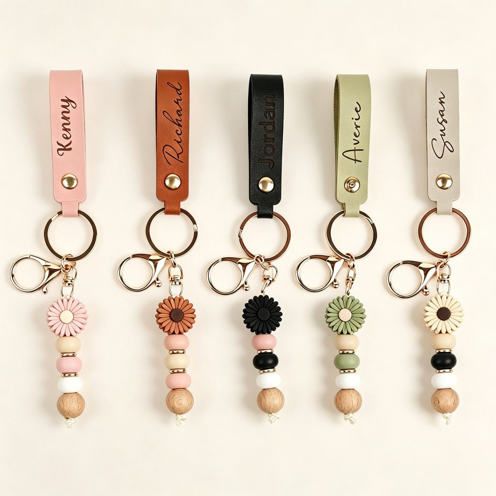 Personalized pink leather keychain with a daisy charm and an engraved name