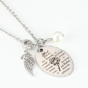 Engraved angel wing name necklace with rose pearl and birthstone on a 60 cm stainless steel chain