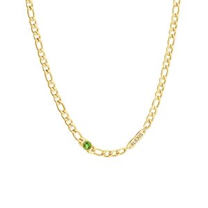 Stainless steel Cuban link necklace with a custom engraved name bar and a single birthstone charm — Gold Tone