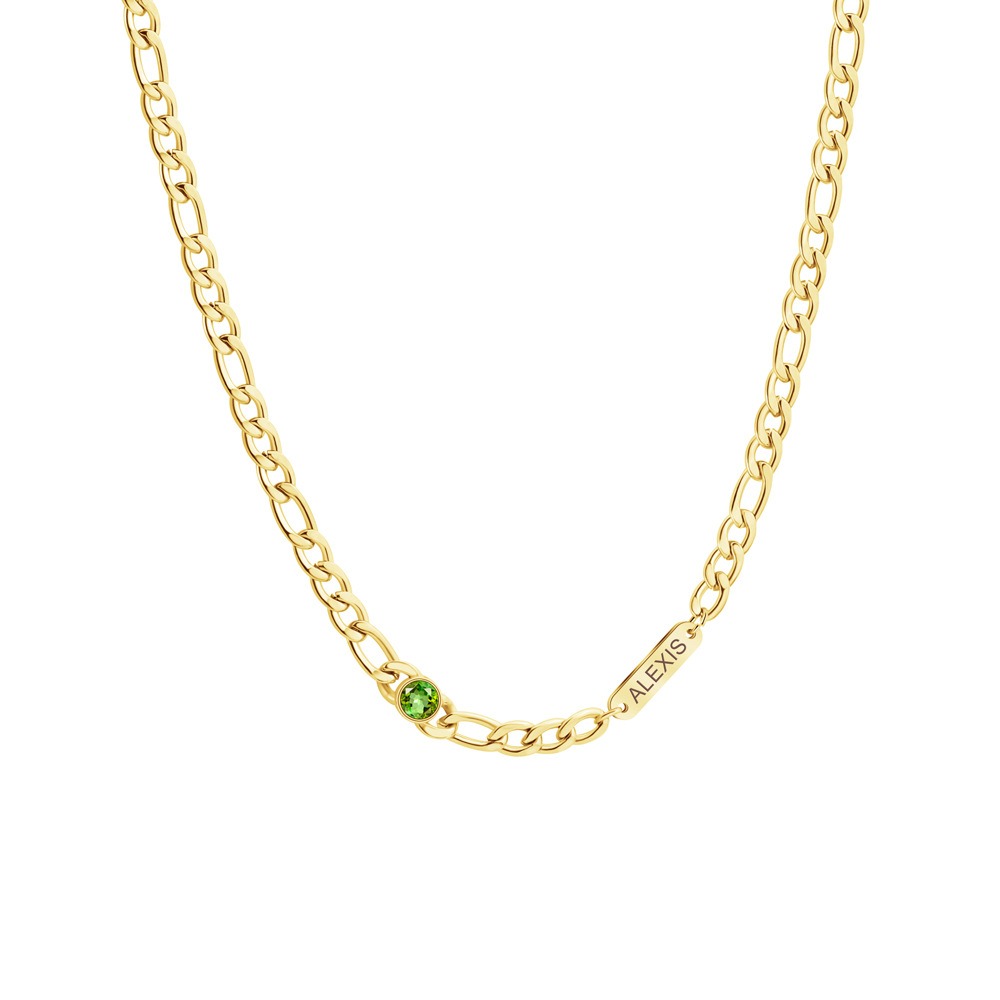 Stainless steel Cuban link necklace with a custom engraved name bar and a single birthstone charm — Gold Tone