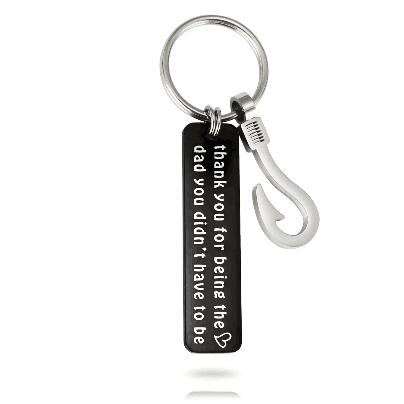 Stainless steel fish hook keychain with a black engraved pendant and birthstone charm — Silver Tone, Round Wire Keychain