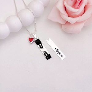 Personalized photo pendant necklace with rectangular charm and heart-shaped accent