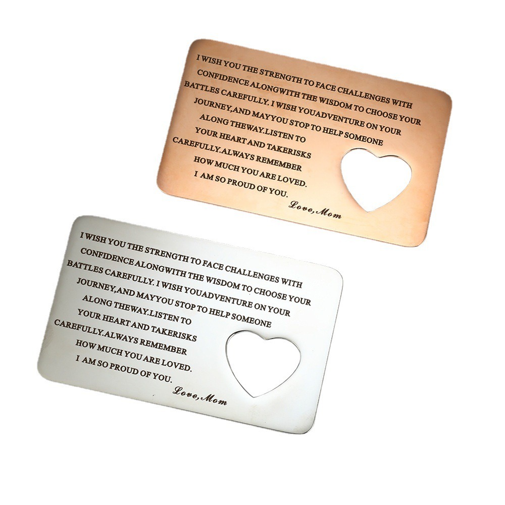 Personalized photo wallet card in stainless steel with a heart cutout and a printed photo
