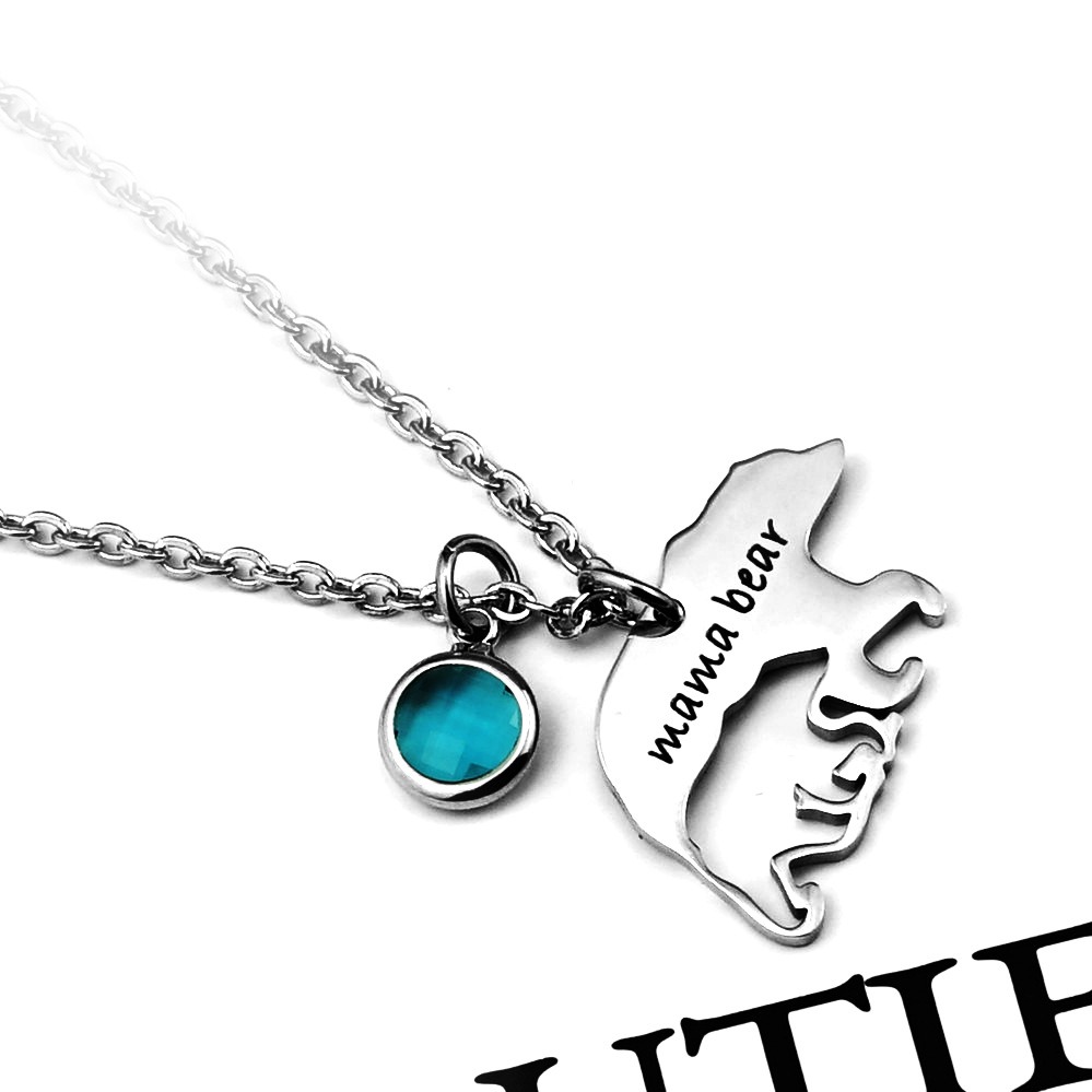 Hollow mama bear pendant necklace in stainless steel with a custom engraved name and birthstone accent