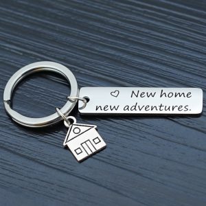 Stainless steel keychain engraved with a single line of custom text and an optional birthstone