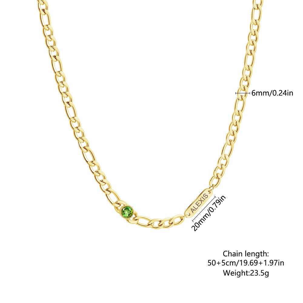 Stainless steel Cuban link necklace with a custom engraved name bar and a single birthstone charm