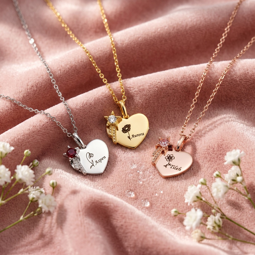 Stainless steel name necklace with a cubic zirconia birthstone flower pendant