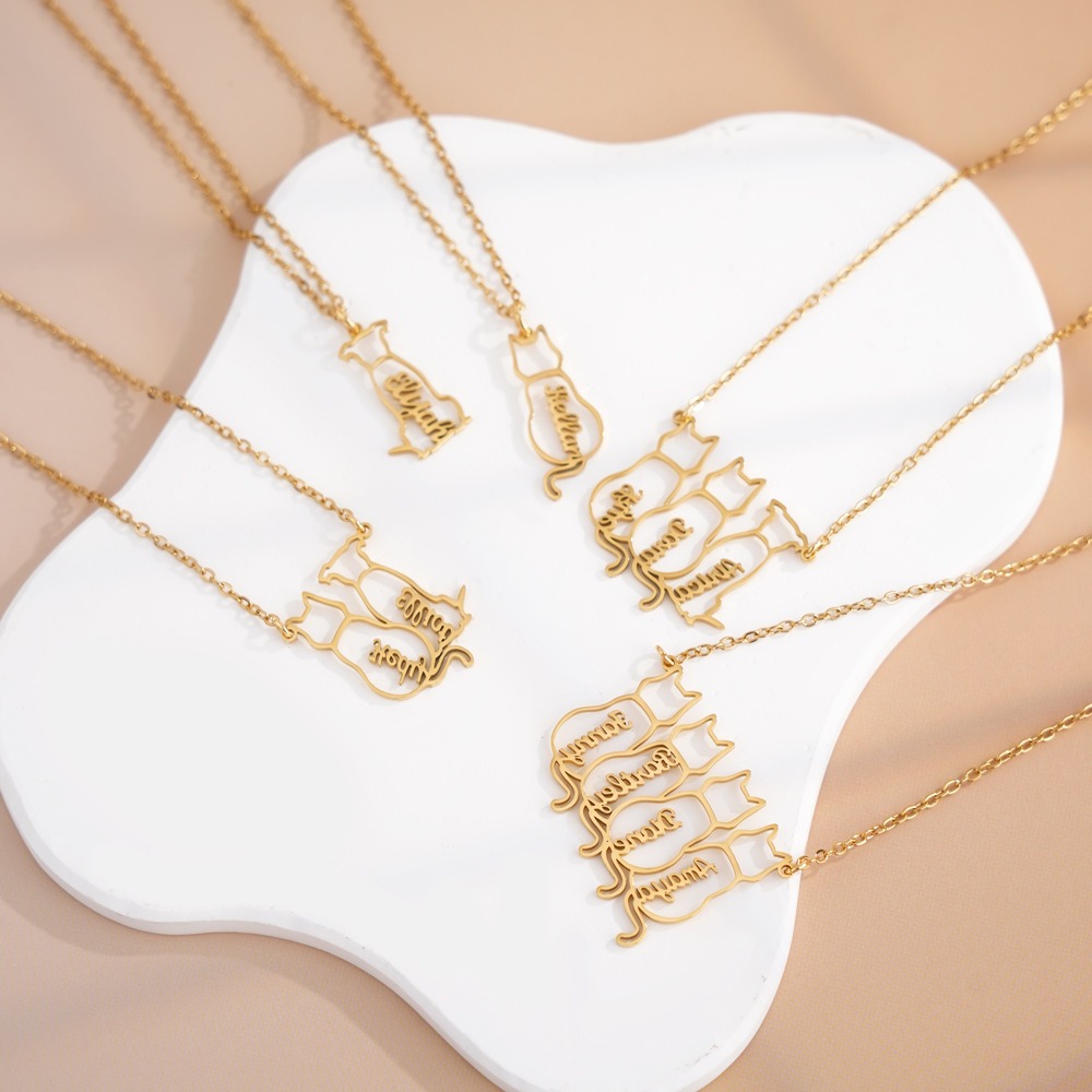 Engraved stainless steel pet name necklace with a small birthstone accent