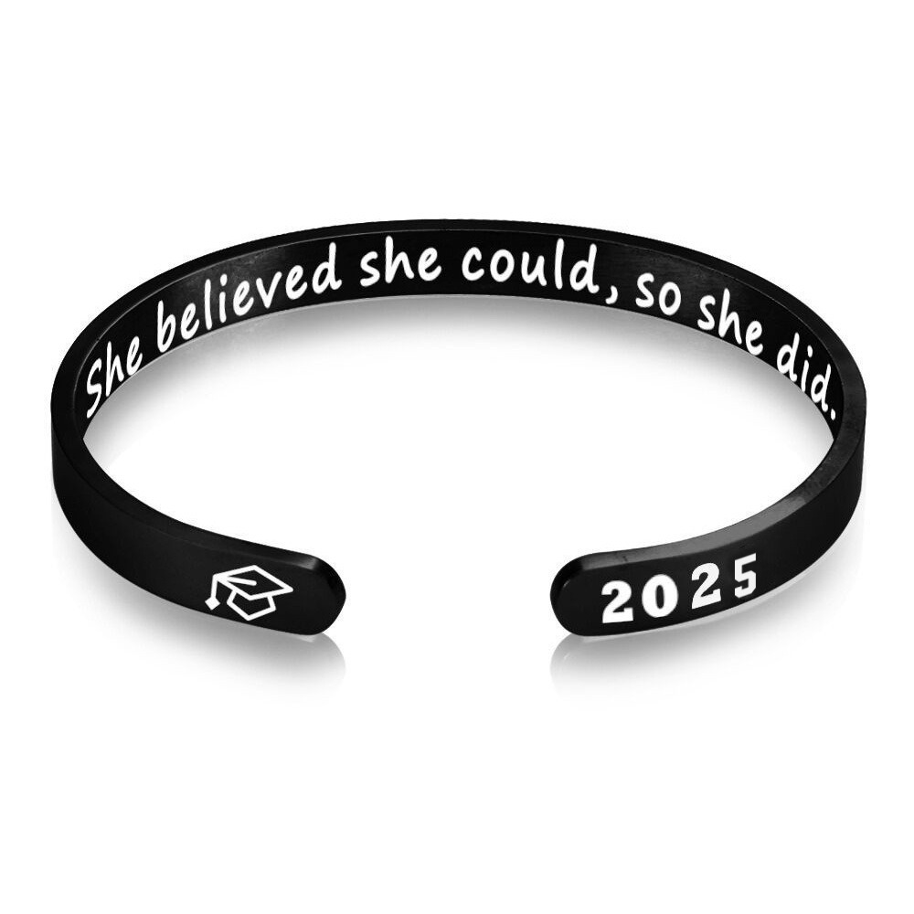 Stainless steel open cuff bracelet engraved with a name and a single birthstone — Black Tone
