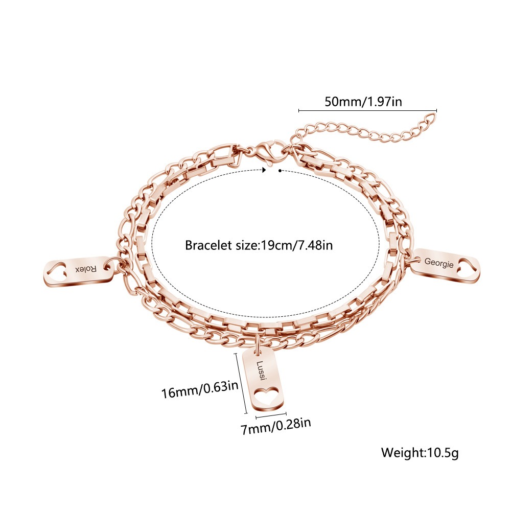 Open heart charm bracelet with engraved heart and birthstone on a two-layer chain