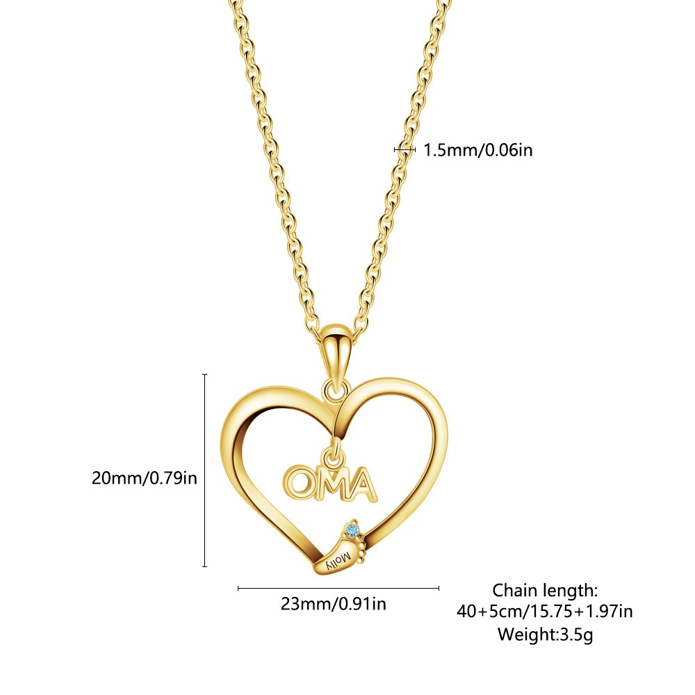 Baby feet necklace with a Grandma pendant, engraved name and birthstone on a stainless steel chain