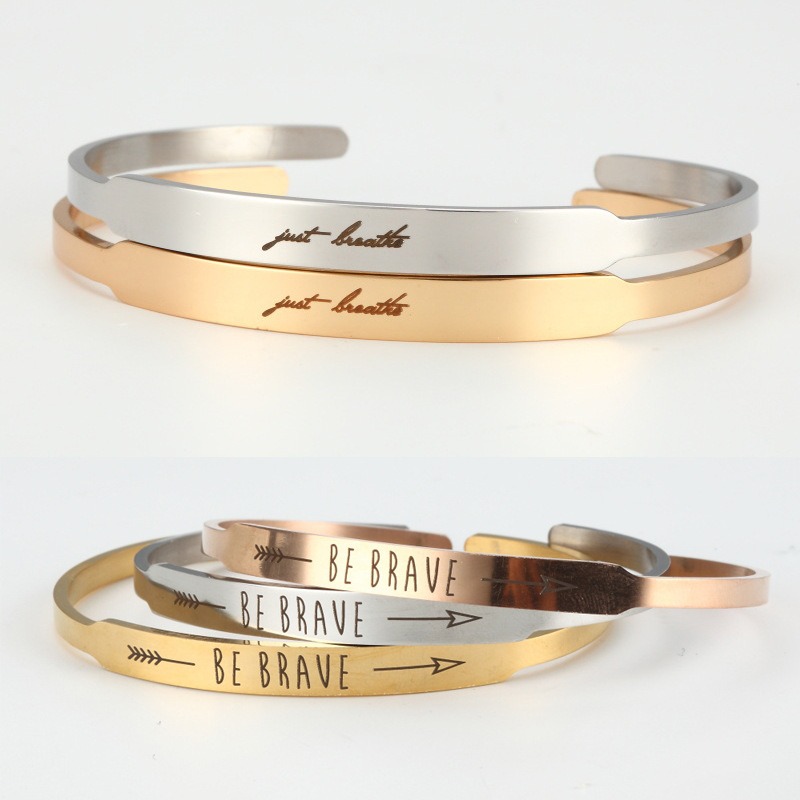 Stainless steel C-shape cuff bracelet with custom engraving and a birthstone accent