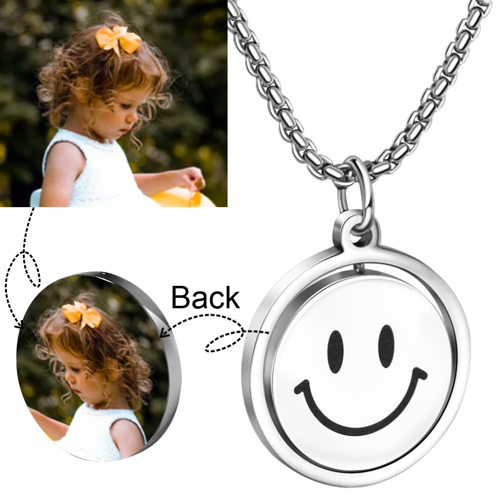 Rotating smile pendant necklace with a photo print