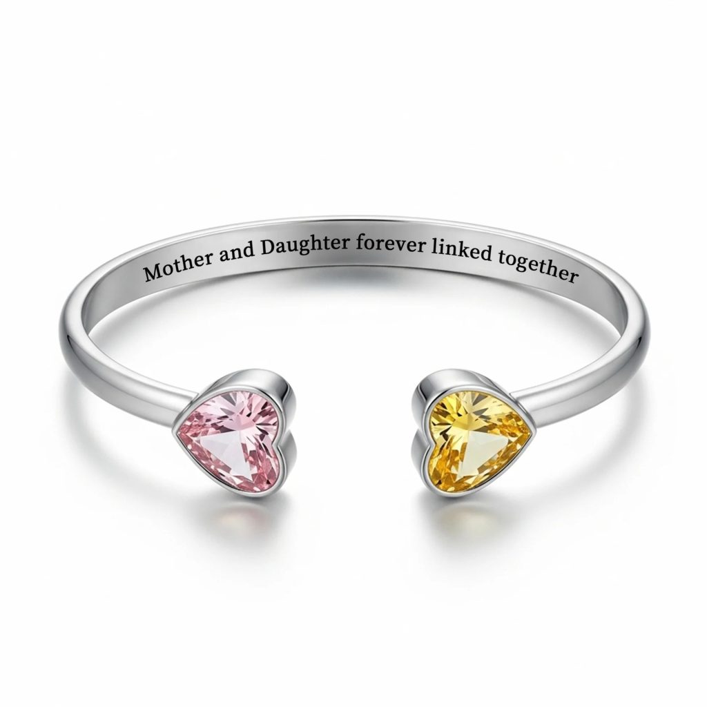 Two-tone heart cuff bracelet with engraving and birthstone accent