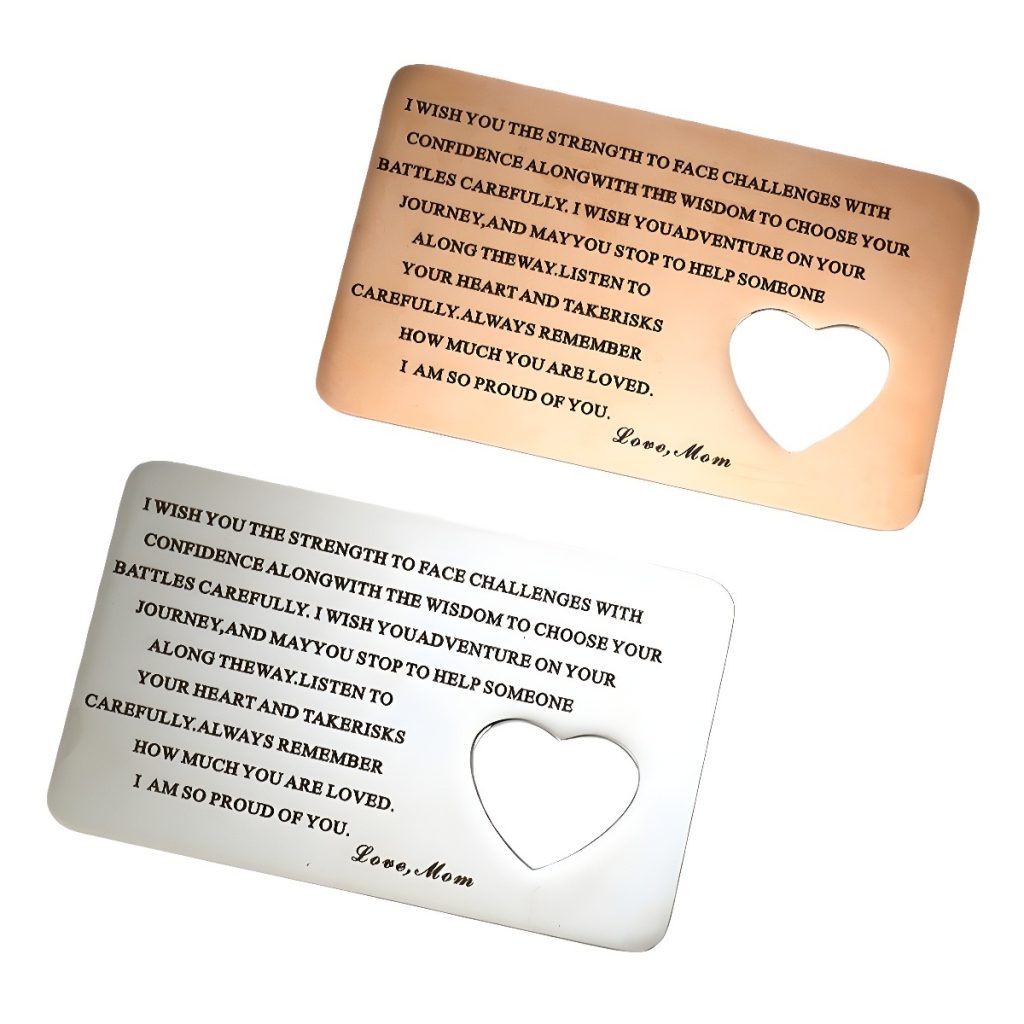 Personalized photo wallet card in stainless steel with a heart cutout and a printed photo