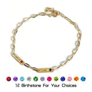 Stainless steel name bar bracelet with birthstone and single-line engraving — Gold Tone