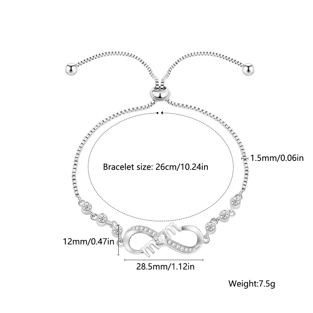 Stainless steel MOM infinity bracelet with single-line engraving and a birthstone accent
