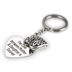 Stainless steel engraved name keychain with an alloy heart charm and birthstone accent