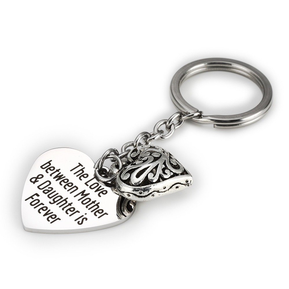 Stainless steel engraved name keychain with an alloy heart charm and birthstone accent