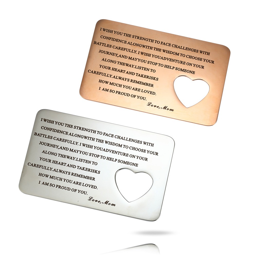 Personalized photo wallet card in stainless steel with a heart cutout and a printed photo