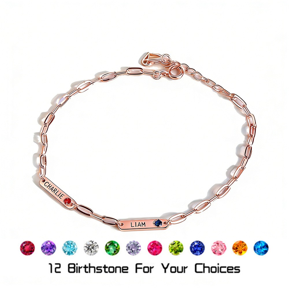 Stainless steel name bar bracelet with birthstone and single-line engraving — Rose Gold Tone