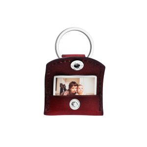 Burgundy keepsake keyring opened to show a personalized photo — Burgundy