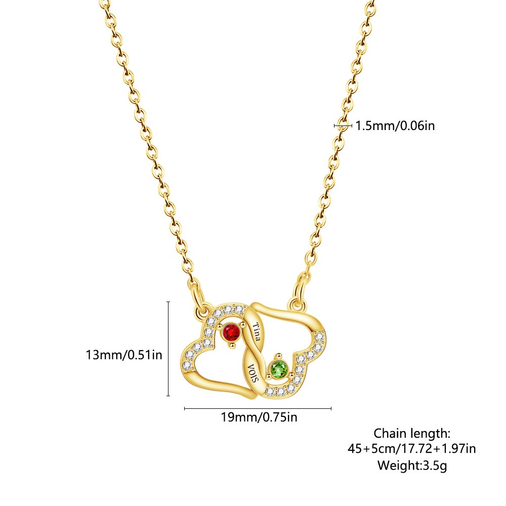 Two interlocking heart name necklace with a birthstone accent on a cross chain