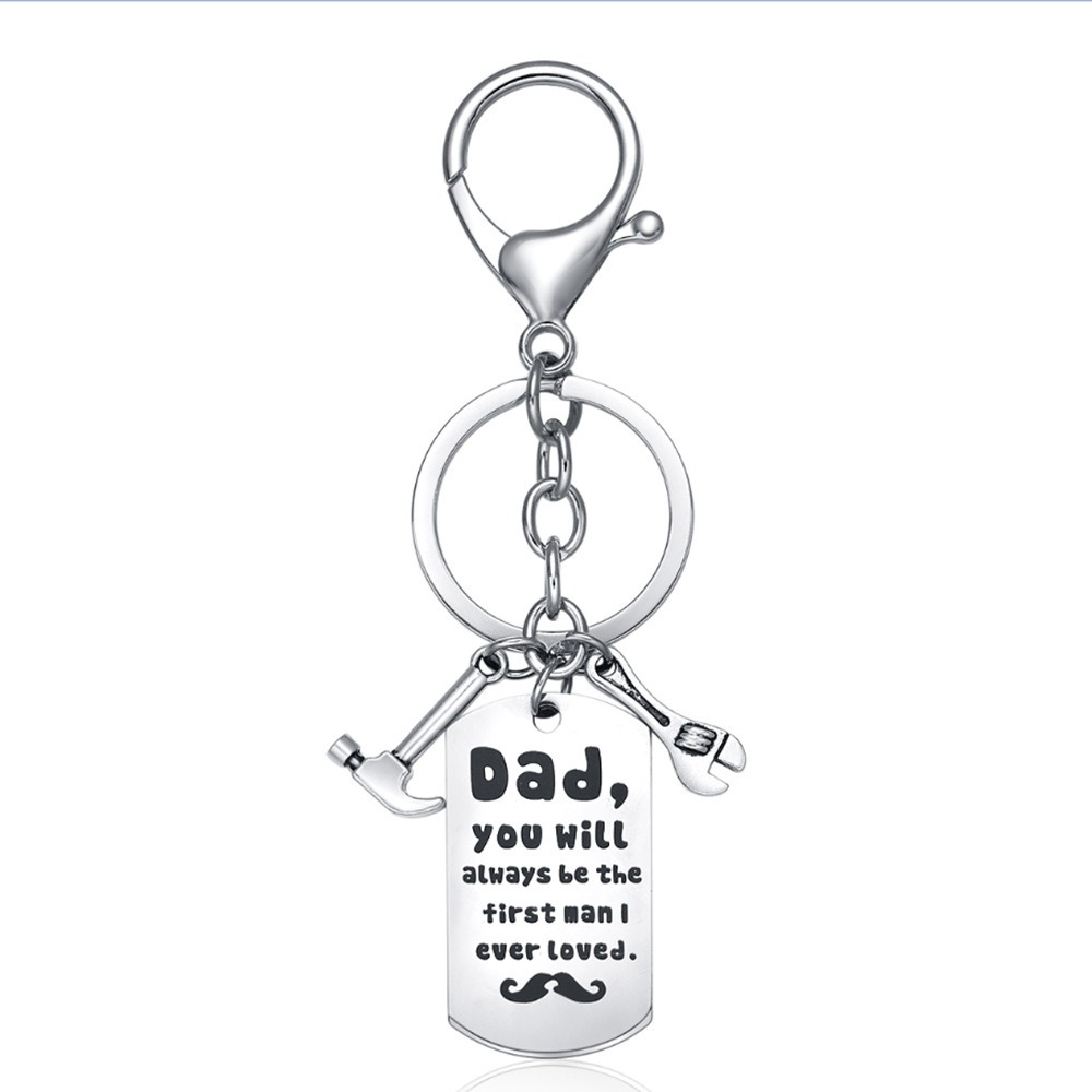 Stainless steel dad keychain with engraved name and a single birthstone charm
