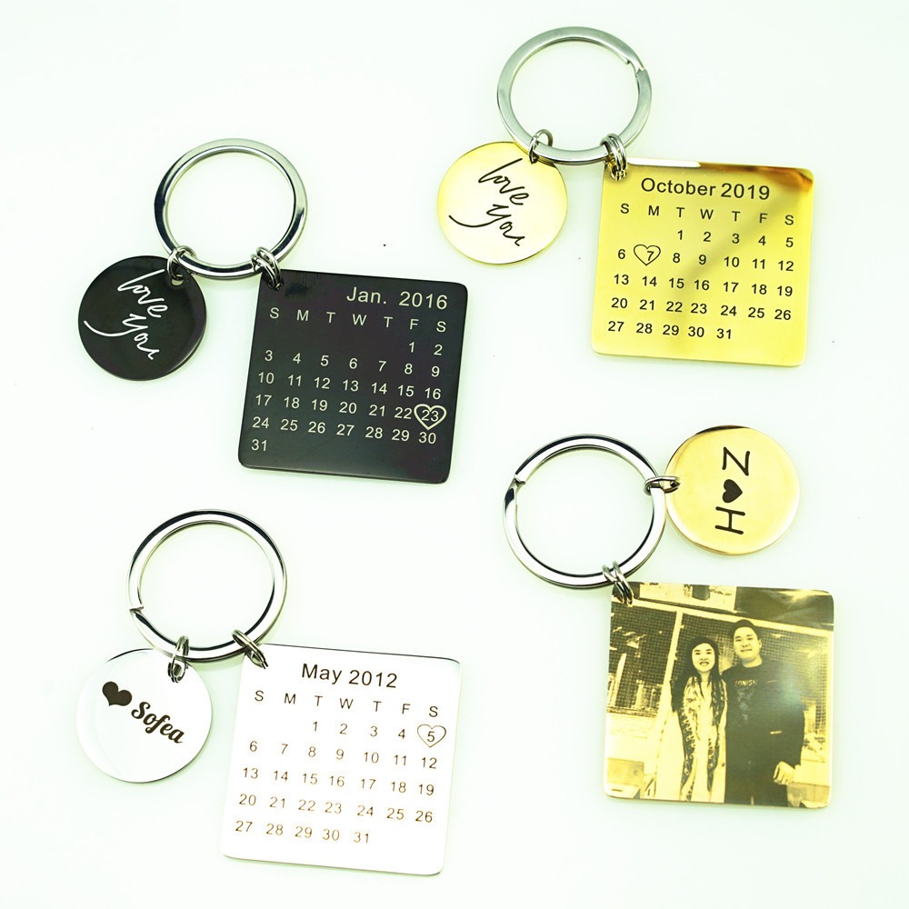 Engraved stainless steel keychain with a birthstone and a heart accent