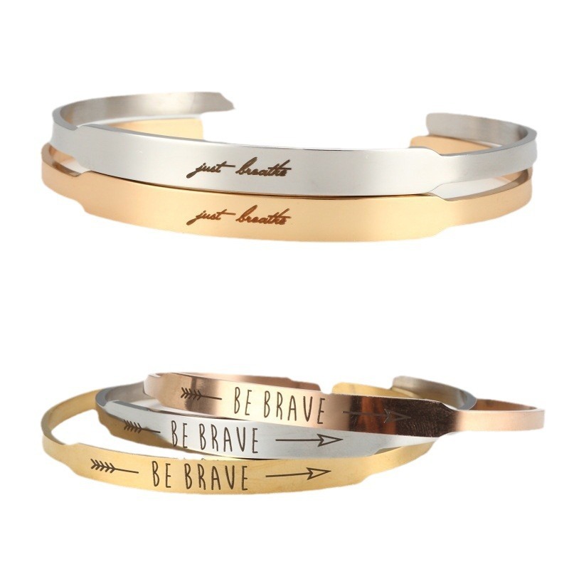 Stainless steel C-shape cuff bracelet with custom engraving and a birthstone accent