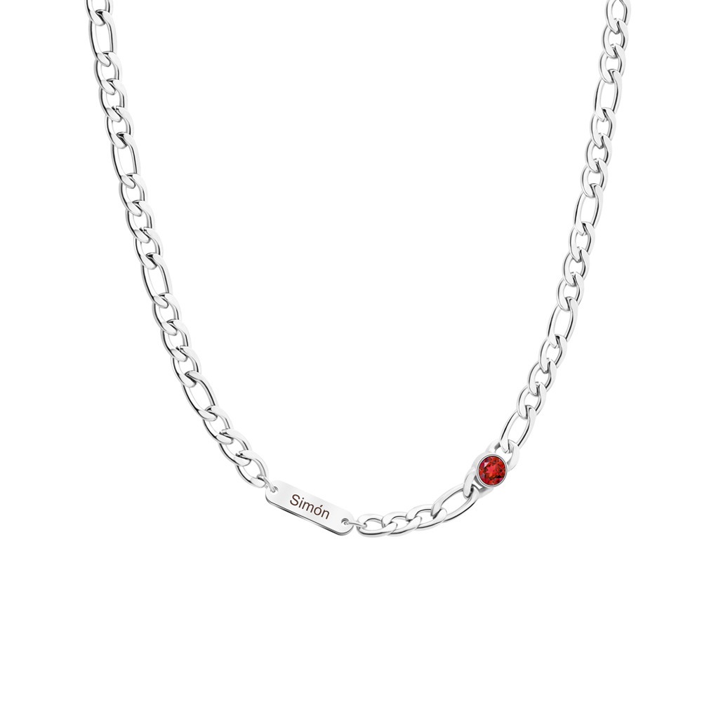Stainless steel Cuban link necklace with a custom engraved name bar and a single birthstone charm — Silver Tone