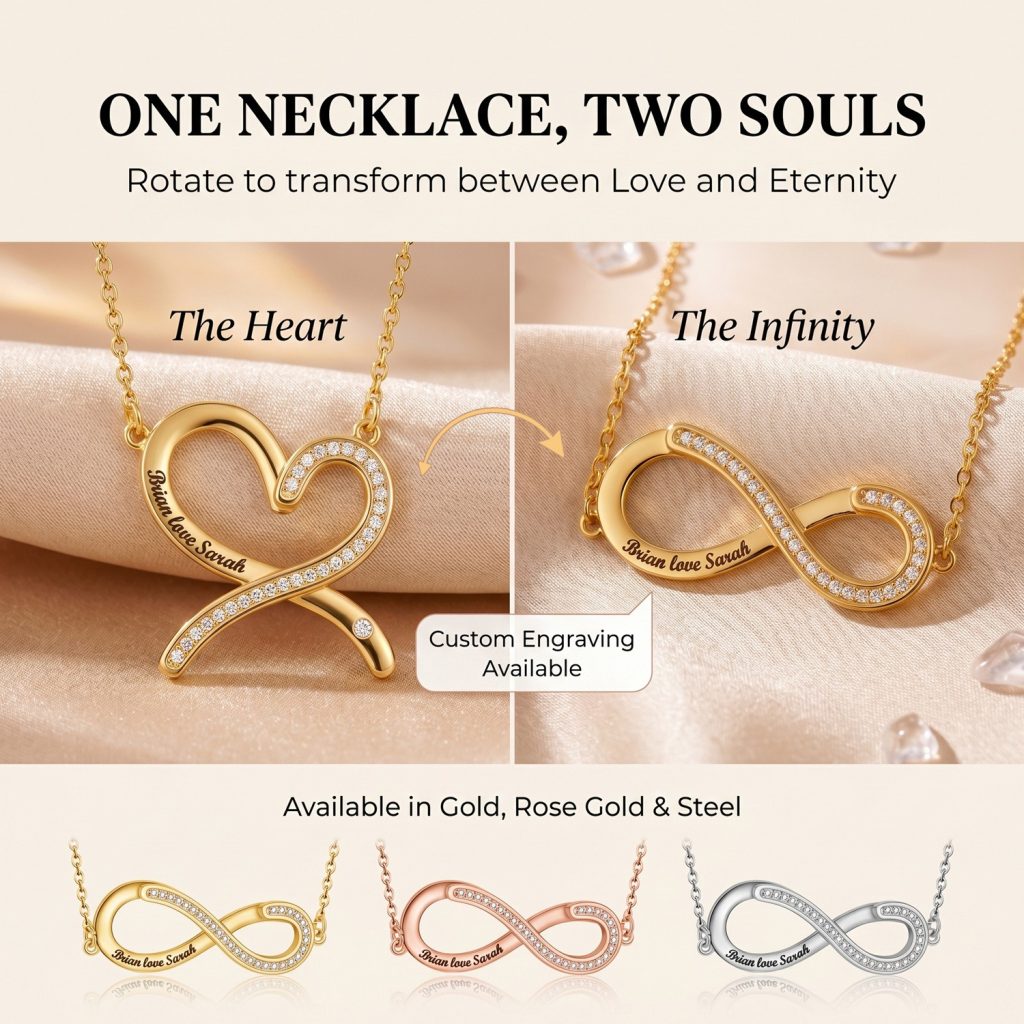 Engraved infinity heart name necklace in gold tone with a single birthstone accent