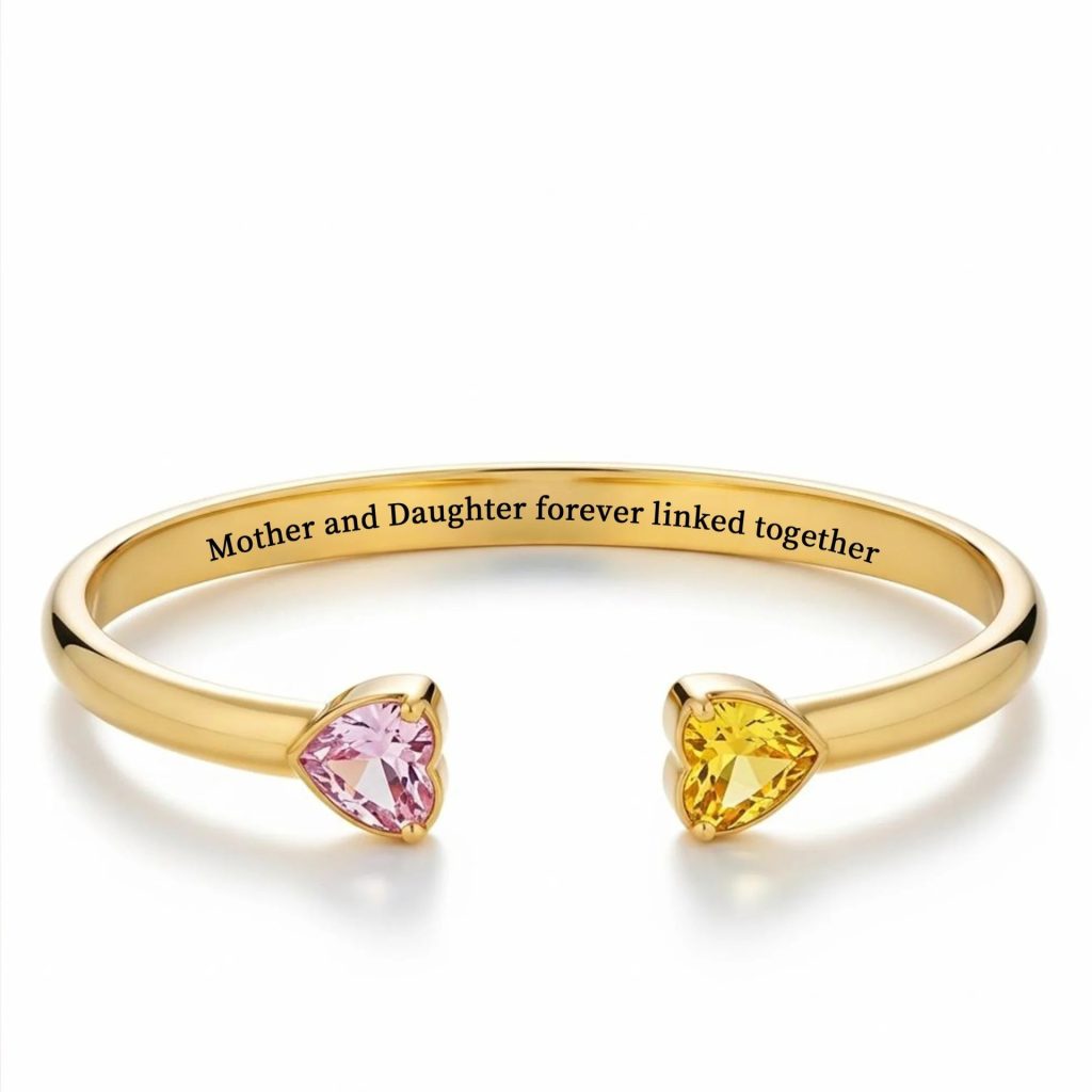 Two-tone heart cuff bracelet with engraving and birthstone accent