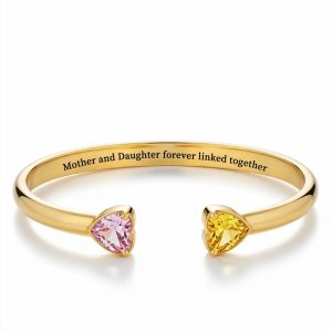 Two-tone heart cuff bracelet with engraving and birthstone accent