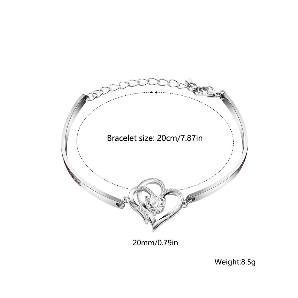 Stainless steel bracelet with two CZ heart charms engraved with names and birthstones