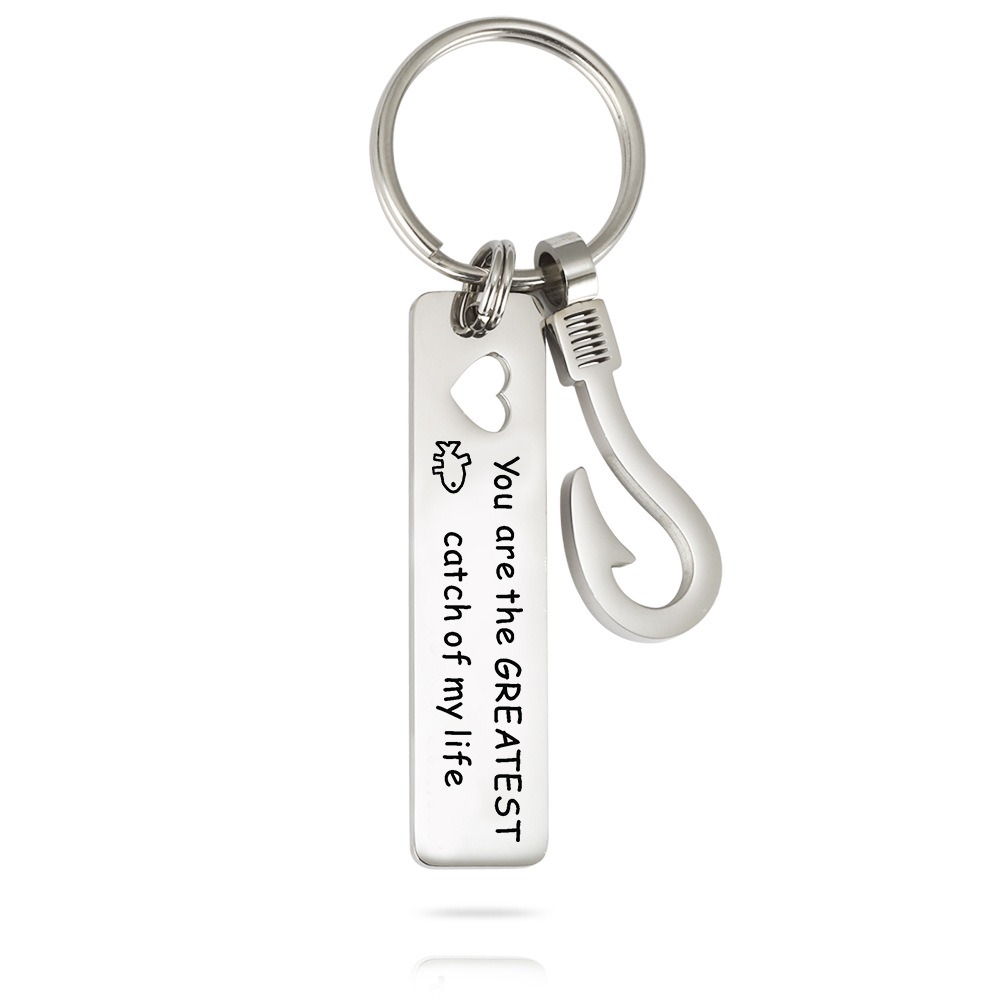 Stainless steel fish hook keychain with a rectangular hollow heart and an engraved name