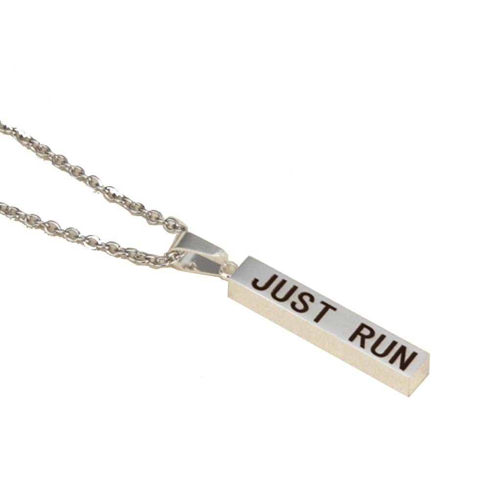 Vertical stainless steel bar necklace with custom single line engraving and optional birthstone, shown in gold tone