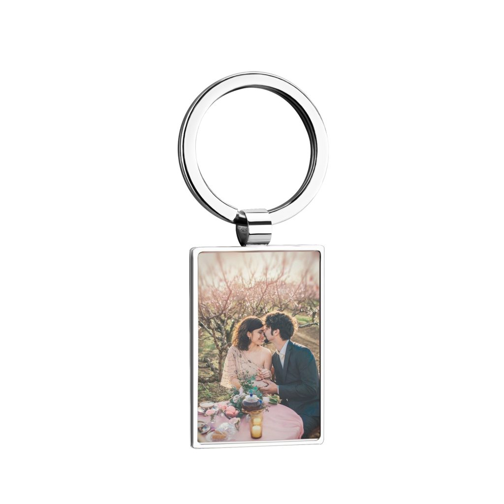 Stainless steel dog tag keyring with a message and photos on two sides