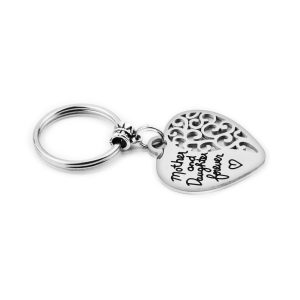Stainless steel mother and daughter keychain with a hollow heart charm and etched names