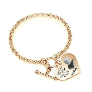 Double sided photo heart bracelet with engraved message in rose gold