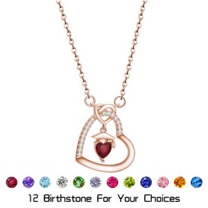 Heart pendant necklace with an engraving and birthstone accent — Rose Gold Tone