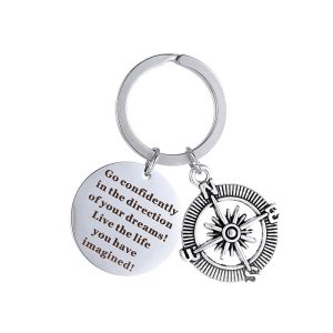 Round metal compass keychain engraved with a name and set with a birthstone — 25mm