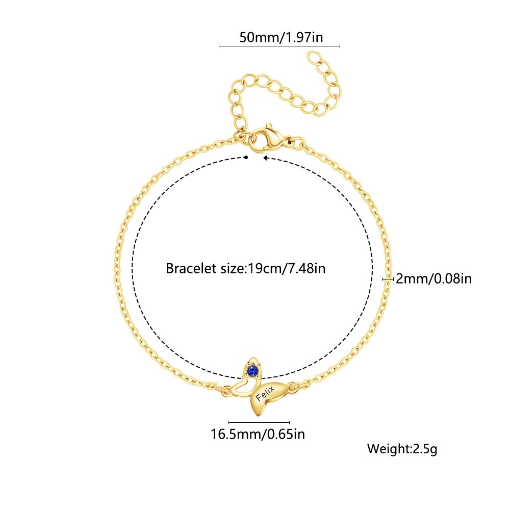 Butterfly bracelet with an engraved name and birthstone accent in gold tone