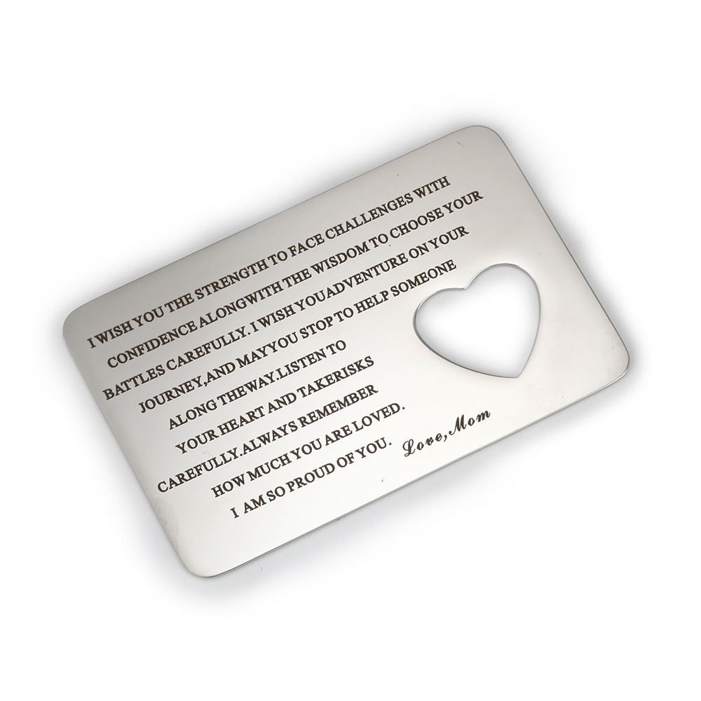 Personalized photo wallet card in stainless steel with a heart cutout and a printed photo