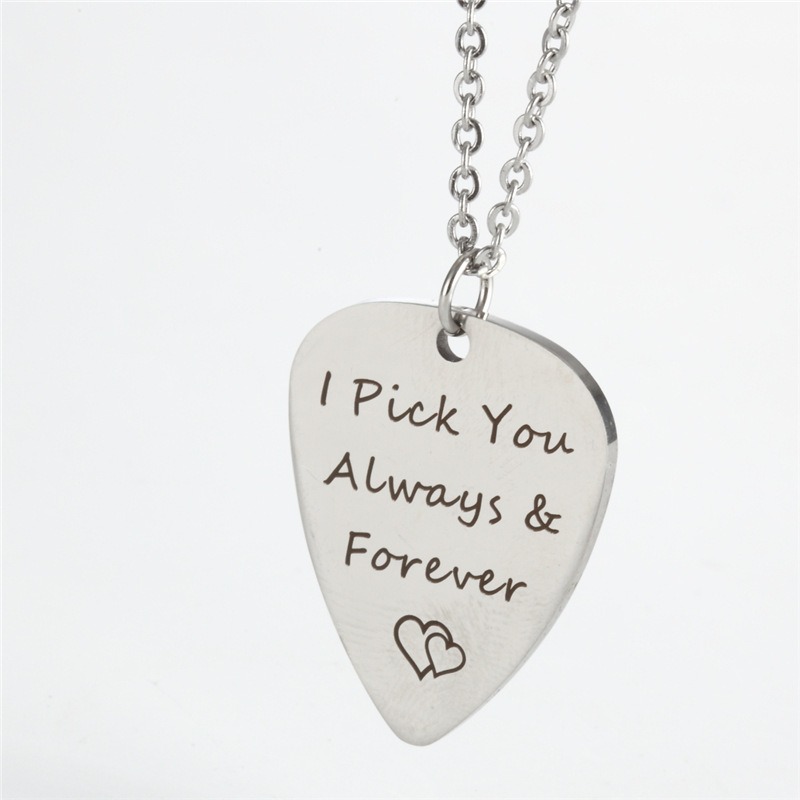 Stainless steel guitar pick necklace engraved with a name and a birthstone accent