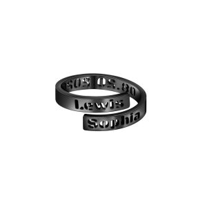 Adjustable stainless steel open ring with two engraved names and two birthstones — Black Tone, Anniversary